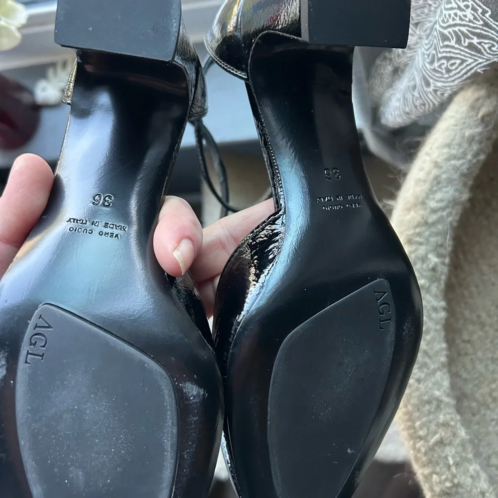 AGL Patent Black Ankle Strap Heels